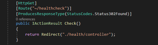 The /healthcheck endpoint redirects to ./health/controller endpoint